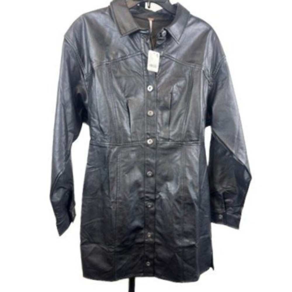 NWT Free People Black Faux Leather Shirt Dress Button‎ Front Size 12 $168